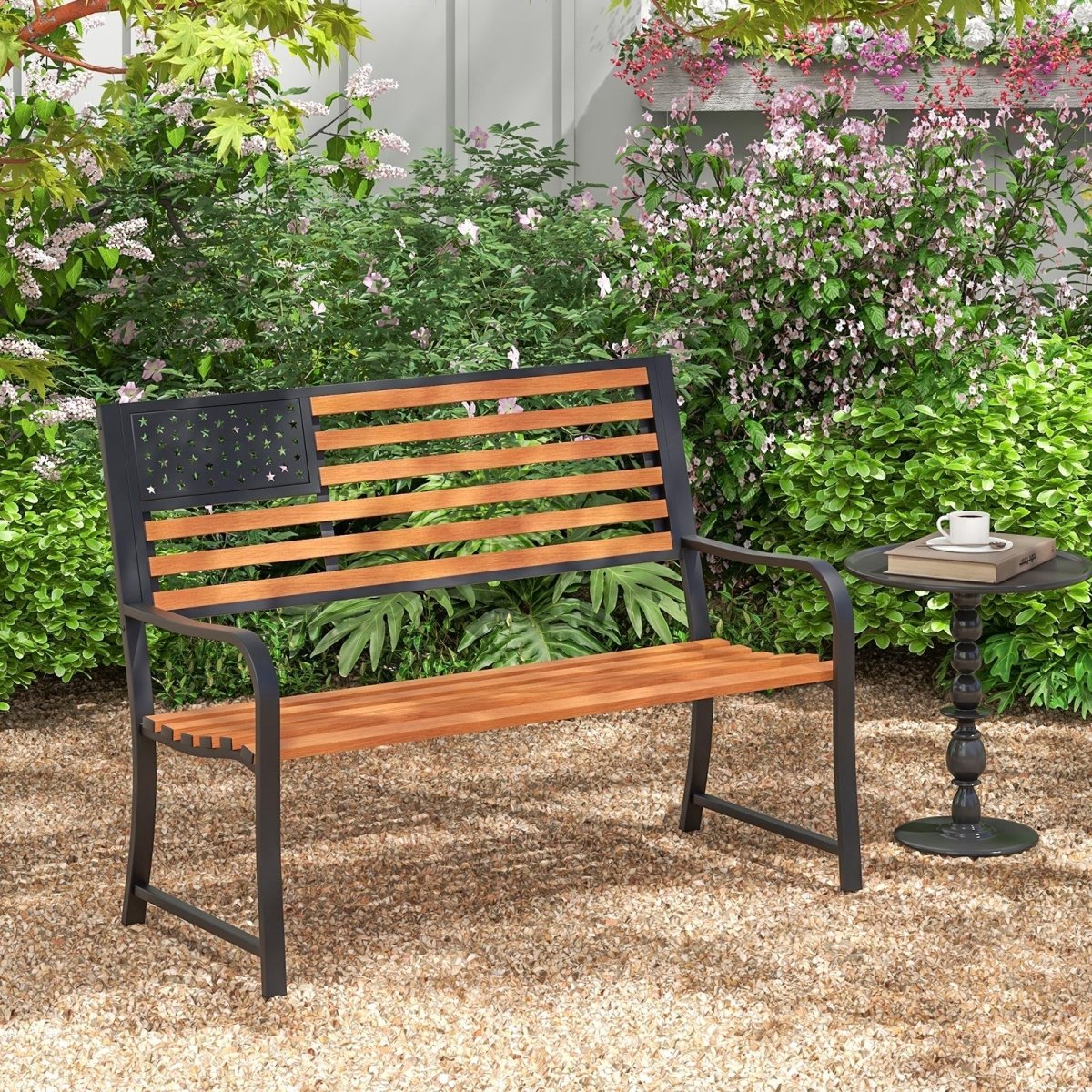 50” Outdoor Garden Bench with Flag Backrest – Rustic Wood Grain Metal Patio Bench (Brown) - Napa Valley Wildflower Co.