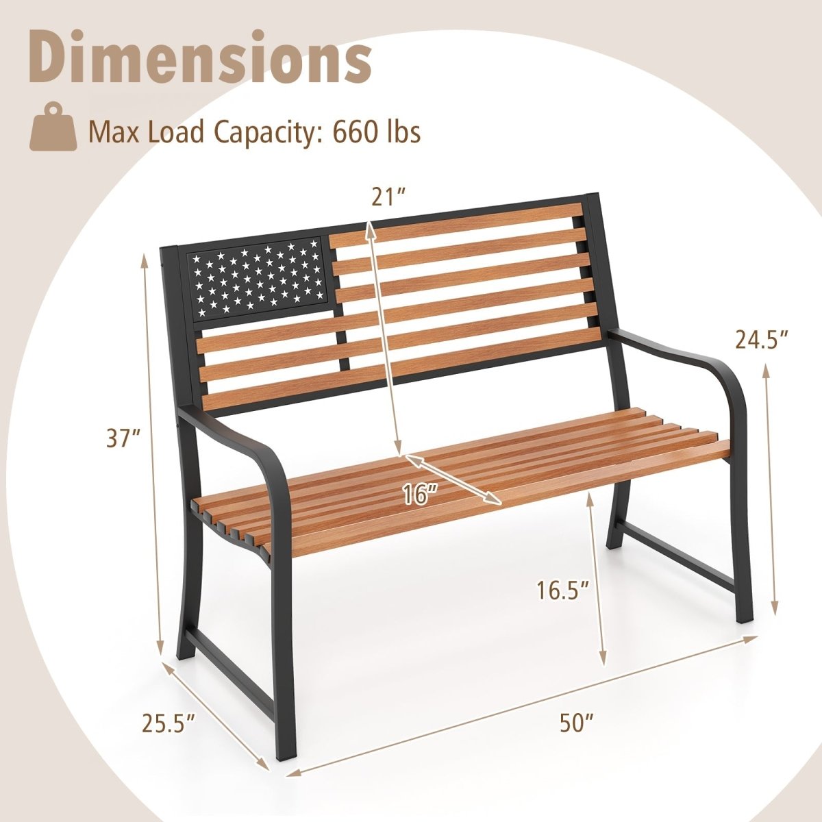 50” Outdoor Garden Bench with Flag Backrest – Rustic Wood Grain Metal Patio Bench (Brown) - Napa Valley Wildflower Co.