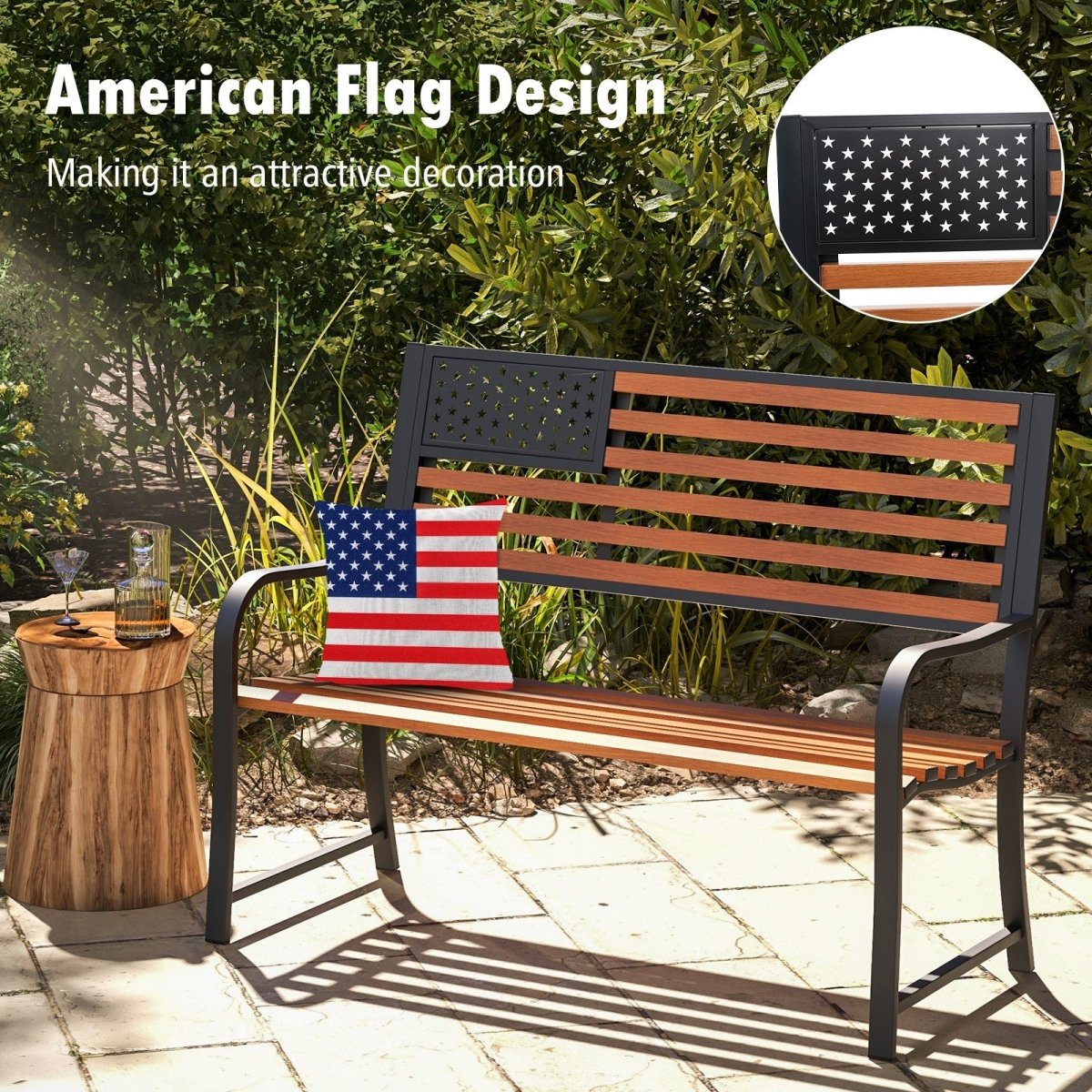 50” Outdoor Garden Bench with Flag Backrest – Rustic Wood Grain Metal Patio Bench (Brown) - Napa Valley Wildflower Co.