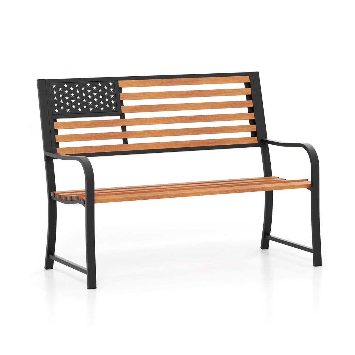 50” Outdoor Garden Bench with Flag Backrest – Rustic Wood Grain Metal Patio Bench (Brown) - Napa Valley Wildflower Co.