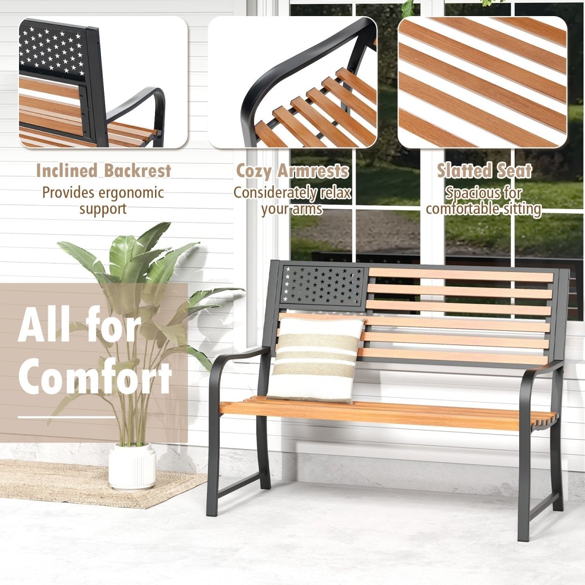 50” Outdoor Garden Bench with Flag Backrest – Rustic Wood Grain Metal Patio Bench (Brown) - Napa Valley Wildflower Co.