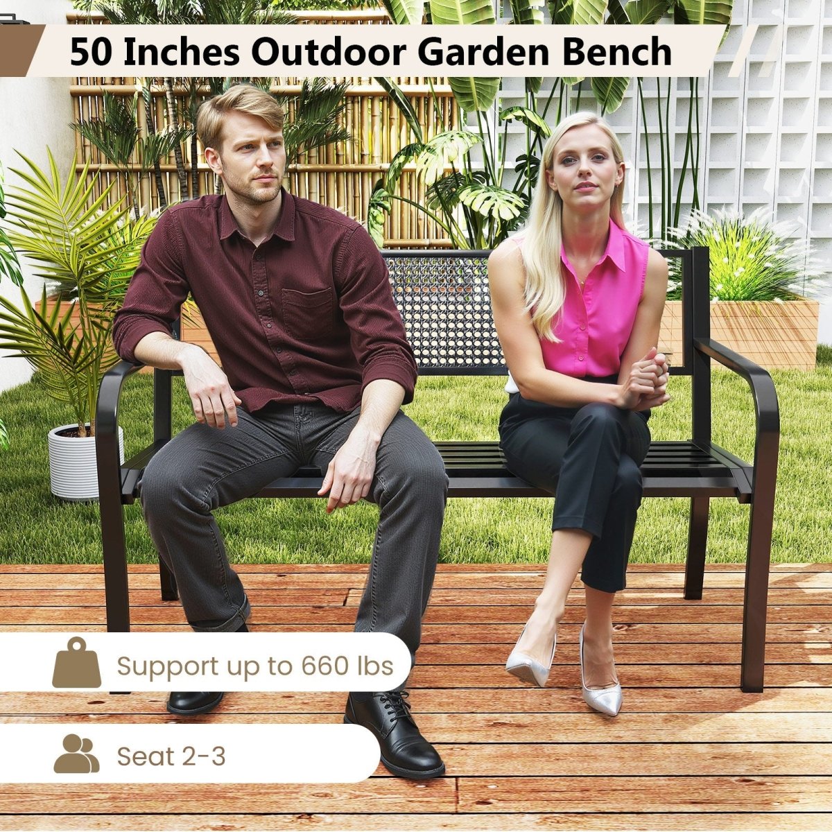 50” Outdoor Garden Bench with Patterned Backrest – Metal Patio Bench with Armrests (Black) - Napa Valley Wildflower Co.