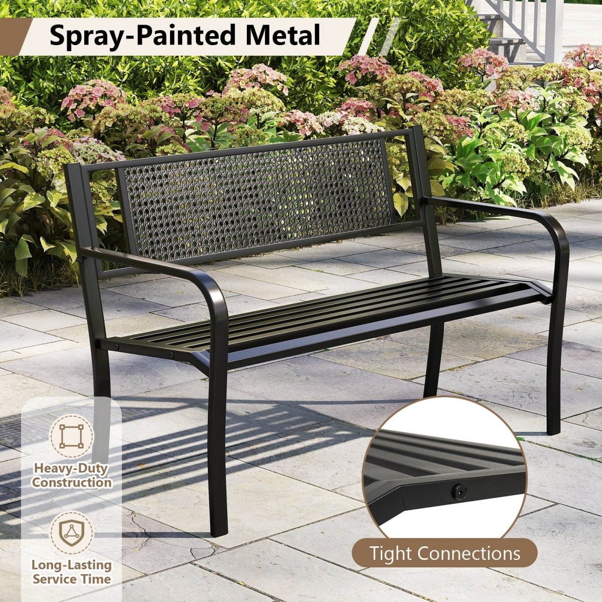 50” Outdoor Garden Bench with Patterned Backrest – Metal Patio Bench with Armrests (Black) - Napa Valley Wildflower Co.