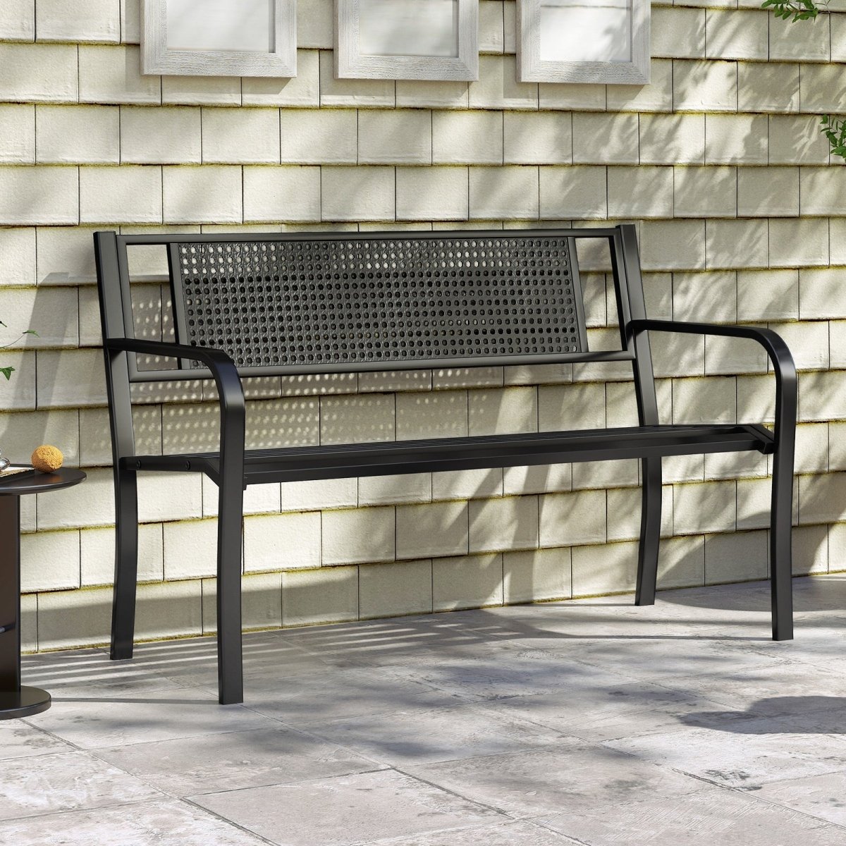 50” Outdoor Garden Bench with Patterned Backrest – Metal Patio Bench with Armrests (Black) - Napa Valley Wildflower Co.