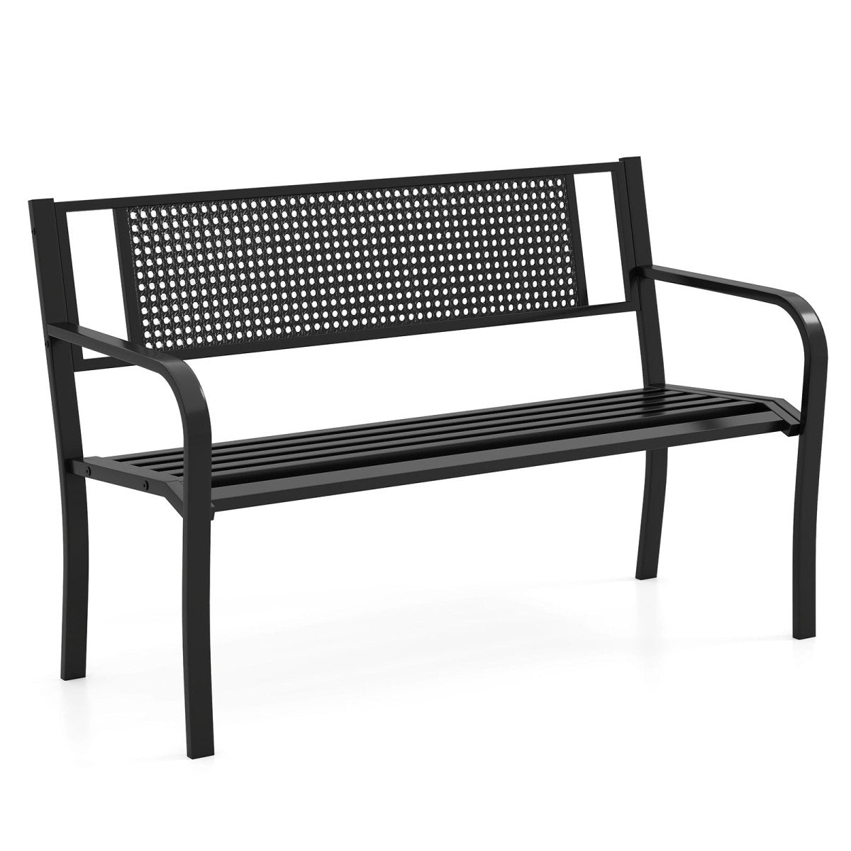 50” Outdoor Garden Bench with Patterned Backrest – Metal Patio Bench with Armrests (Black) - Napa Valley Wildflower Co.