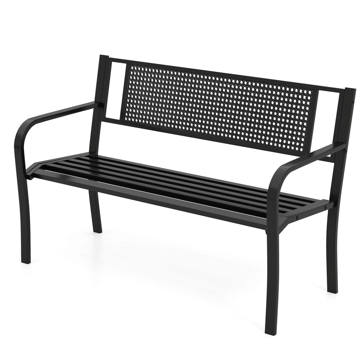 50” Outdoor Garden Bench with Patterned Backrest – Metal Patio Bench with Armrests (Black) - Napa Valley Wildflower Co.