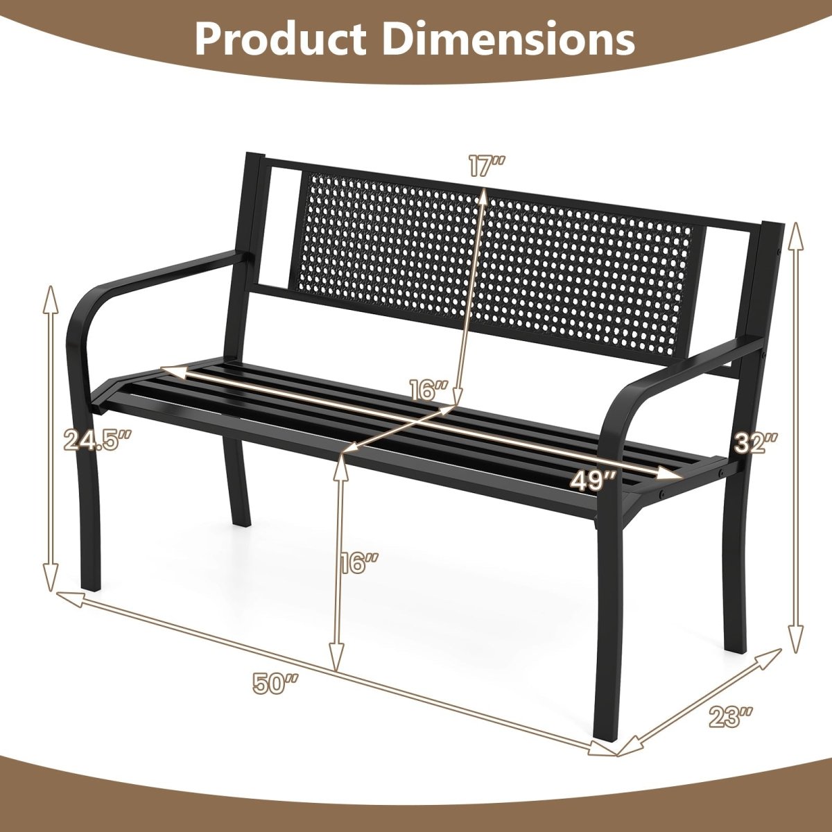 50” Outdoor Garden Bench with Patterned Backrest – Metal Patio Bench with Armrests (Black) - Napa Valley Wildflower Co.