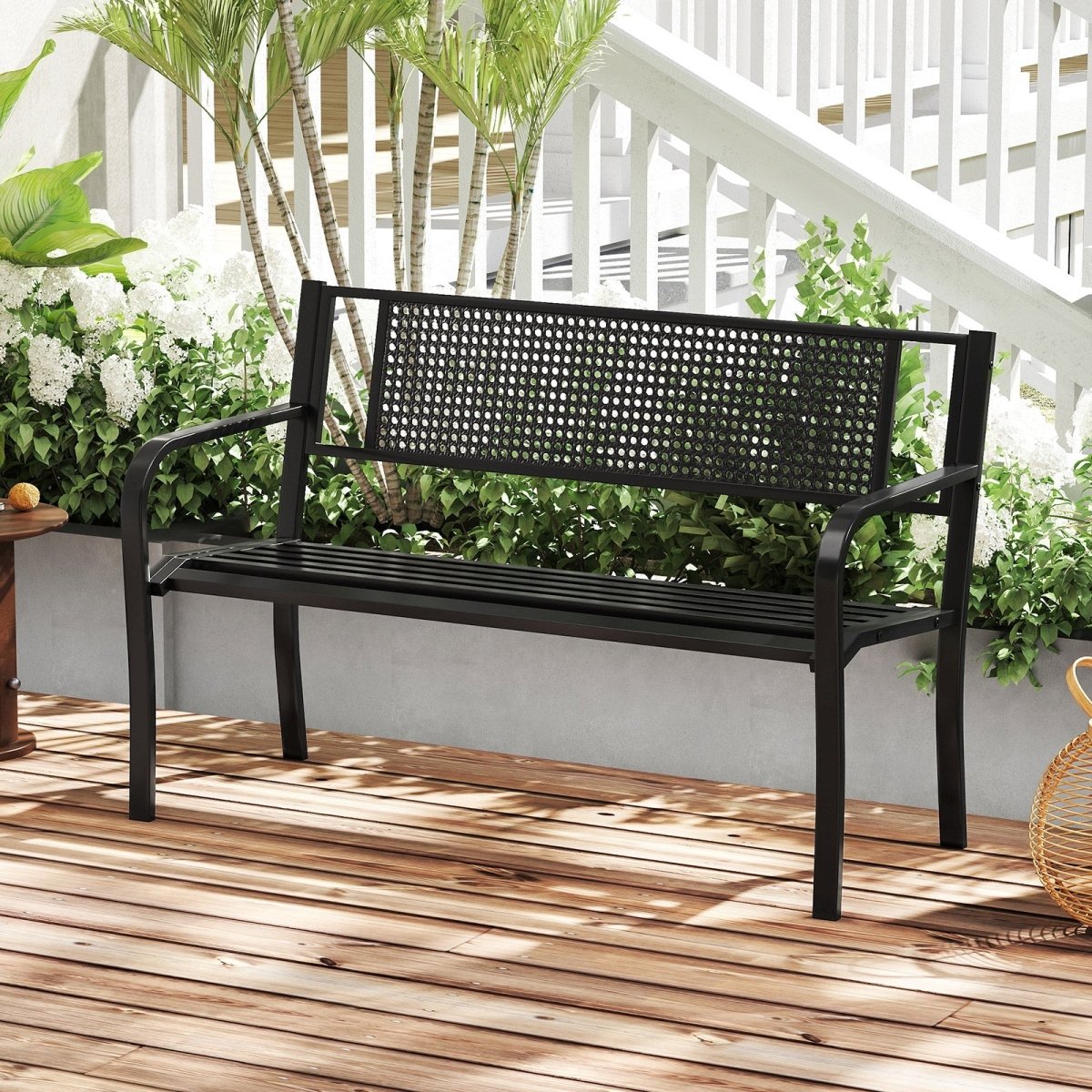 50” Outdoor Garden Bench with Patterned Backrest – Metal Patio Bench with Armrests (Black) - Napa Valley Wildflower Co.