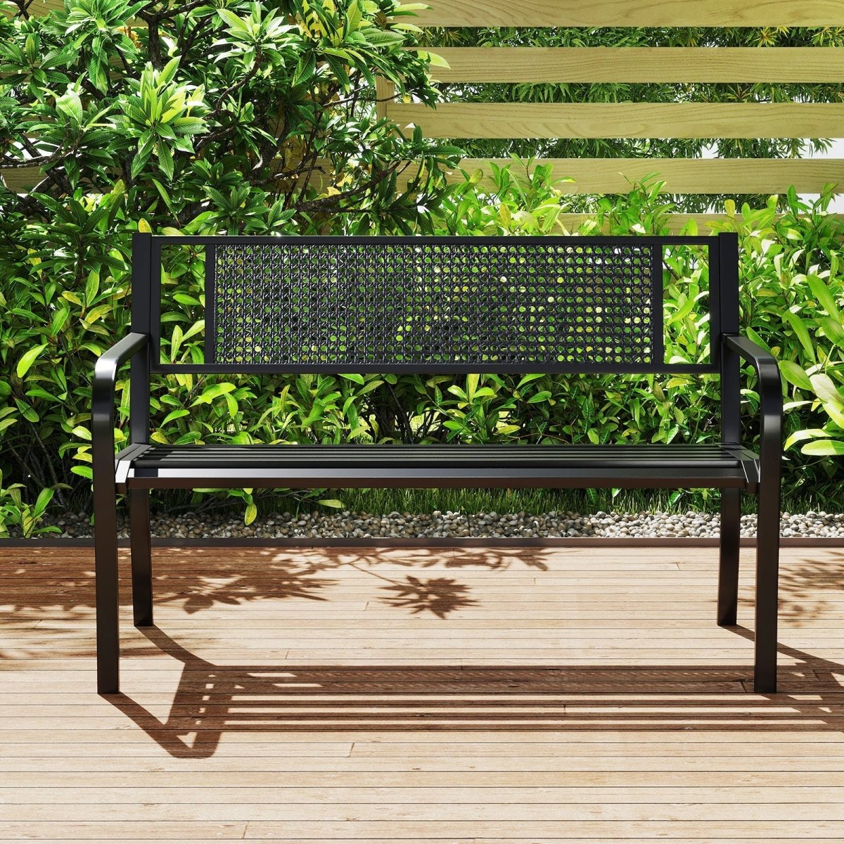 50” Outdoor Garden Bench with Patterned Backrest – Metal Patio Bench with Armrests (Black) - Napa Valley Wildflower Co.