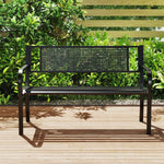 50” Outdoor Garden Bench with Patterned Backrest – Metal Patio Bench with Armrests (Black) - Napa Valley Wildflower Co.