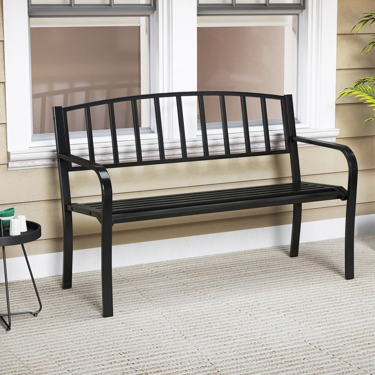 50” Outdoor Metal Garden Bench – Slatted Back with Curved Armrests (Black) - Napa Valley Wildflower Co.