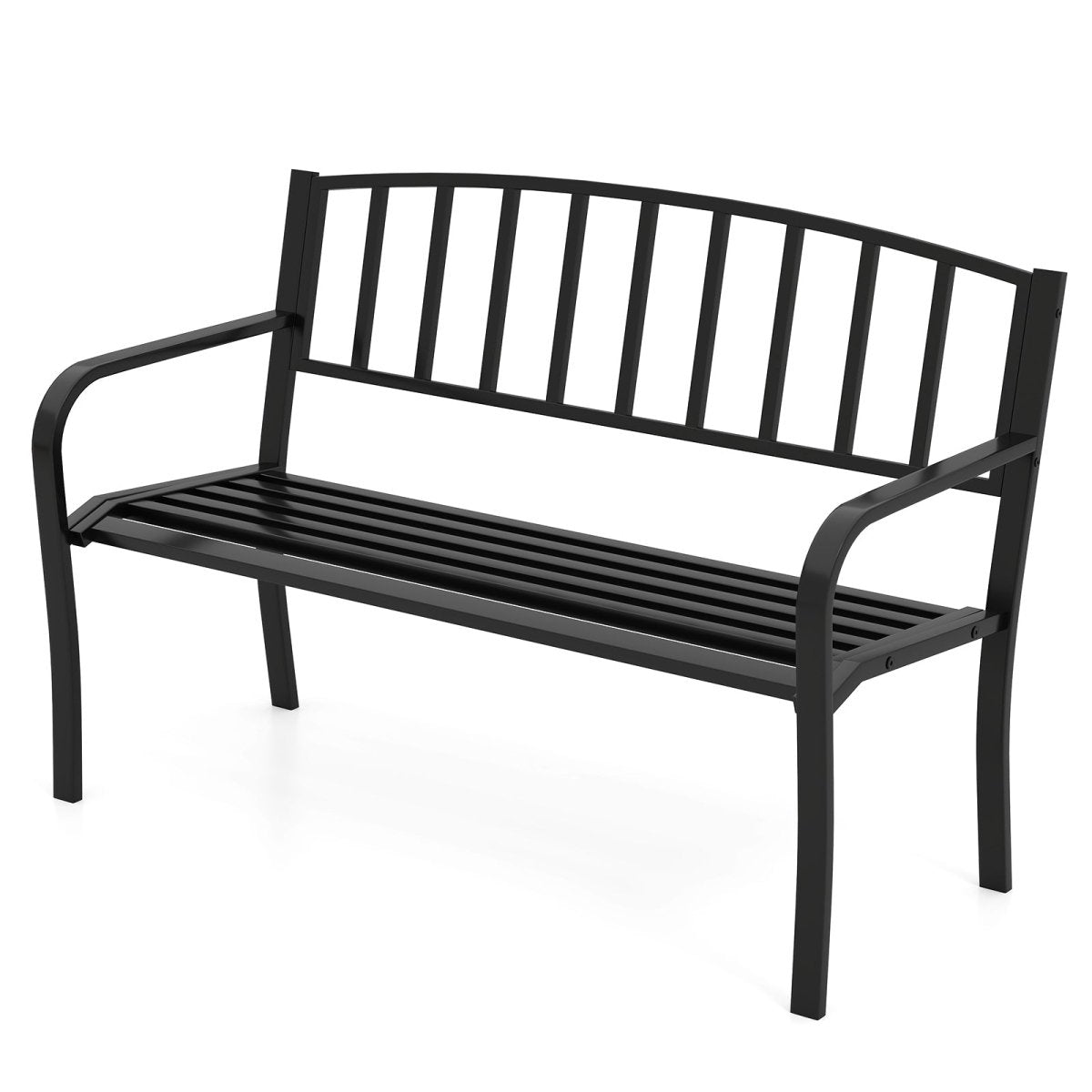 50” Outdoor Metal Garden Bench – Slatted Back with Curved Armrests (Black) - Napa Valley Wildflower Co.