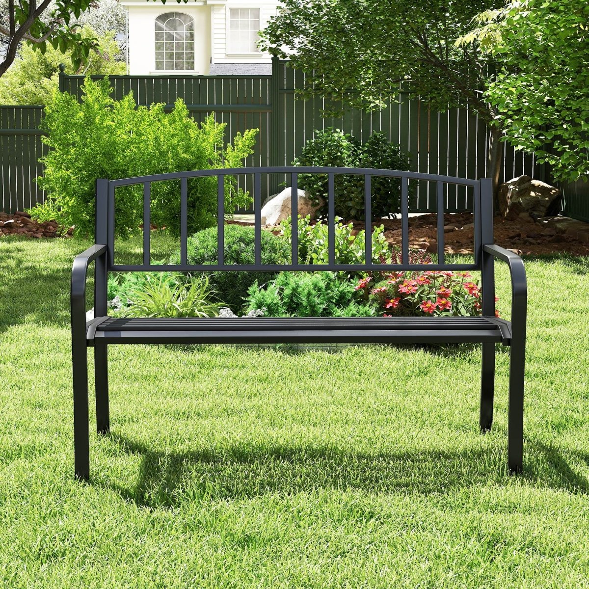 50” Outdoor Metal Garden Bench – Slatted Back with Curved Armrests (Black) - Napa Valley Wildflower Co.