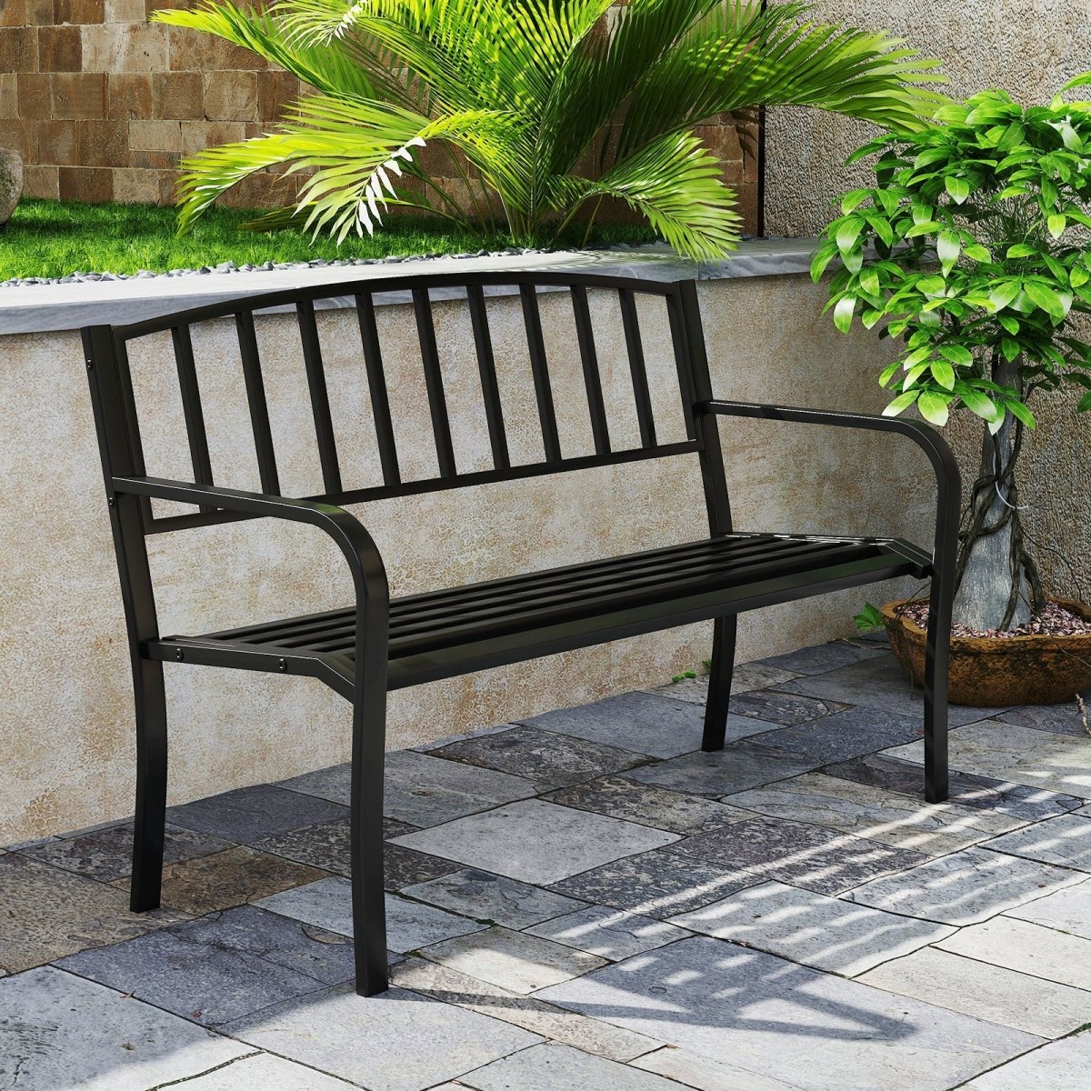 50” Outdoor Metal Garden Bench – Slatted Back with Curved Armrests (Black) - Napa Valley Wildflower Co.