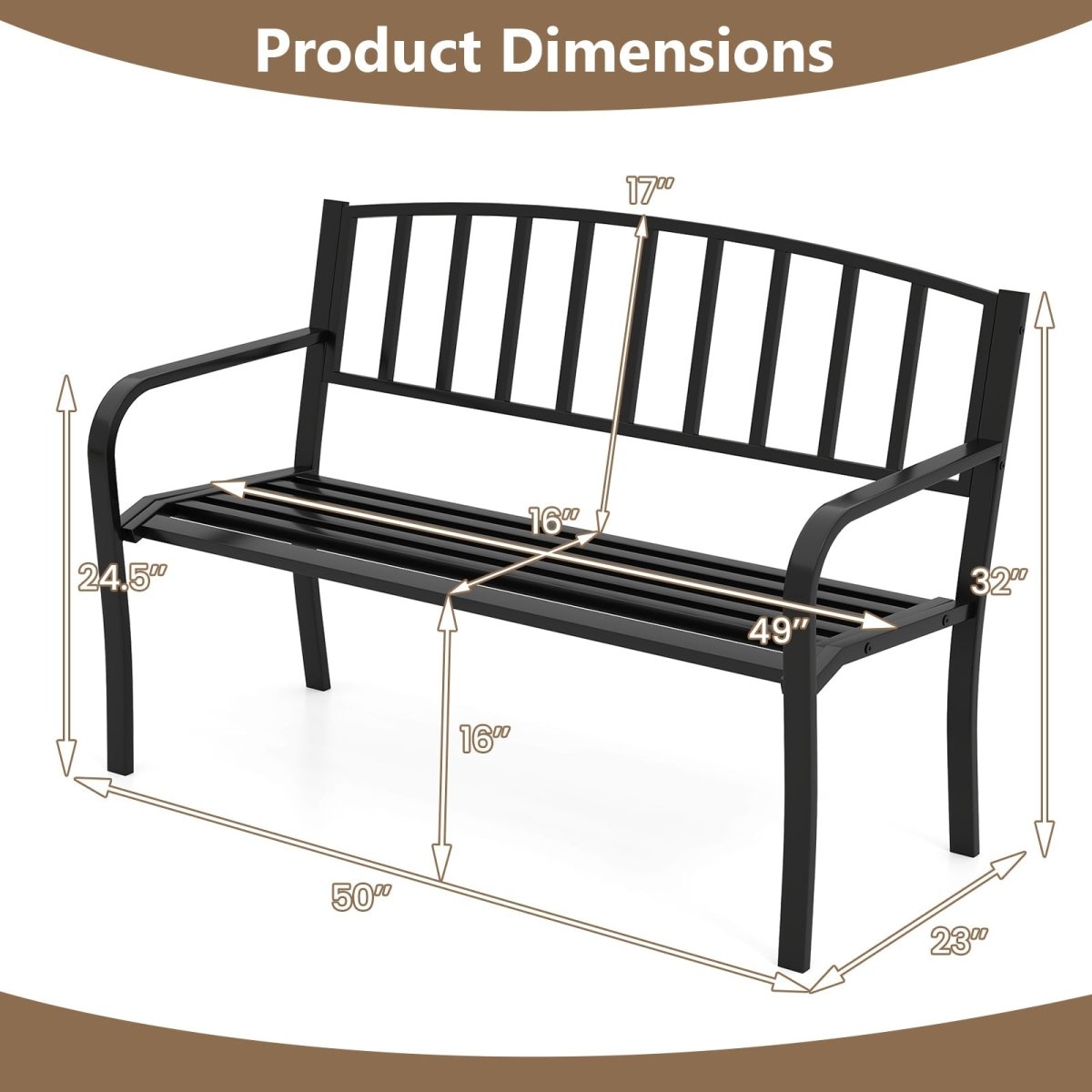 50” Outdoor Metal Garden Bench – Slatted Back with Curved Armrests (Black) - Napa Valley Wildflower Co.