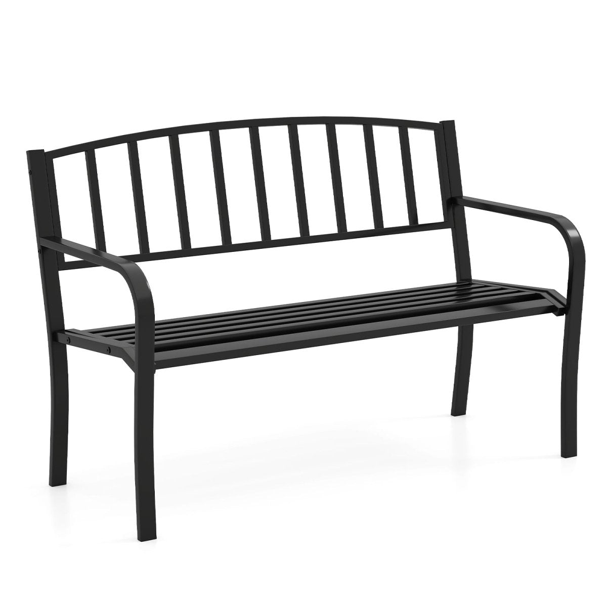 50” Outdoor Metal Garden Bench – Slatted Back with Curved Armrests (Black) - Napa Valley Wildflower Co.