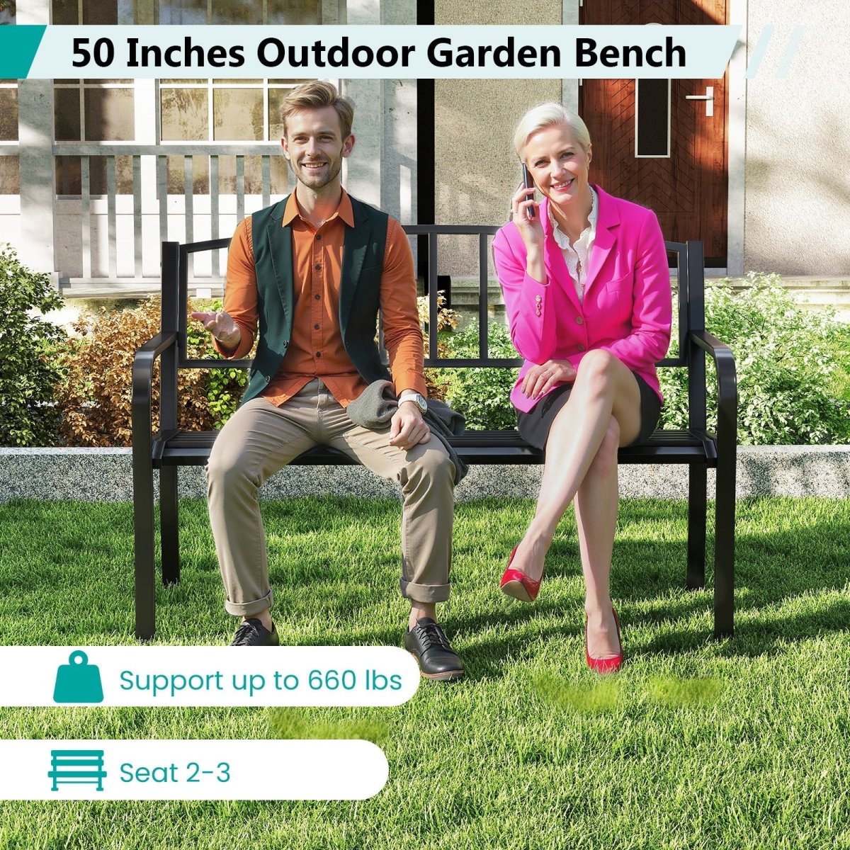 50” Outdoor Metal Garden Bench – Slatted Back with Curved Armrests (Black) - Napa Valley Wildflower Co.