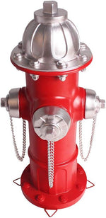 Red fire hydrant with silver top and chains on a white background