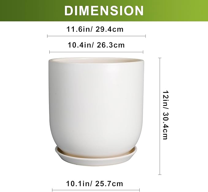 White ceramic planter with dimensions displayed