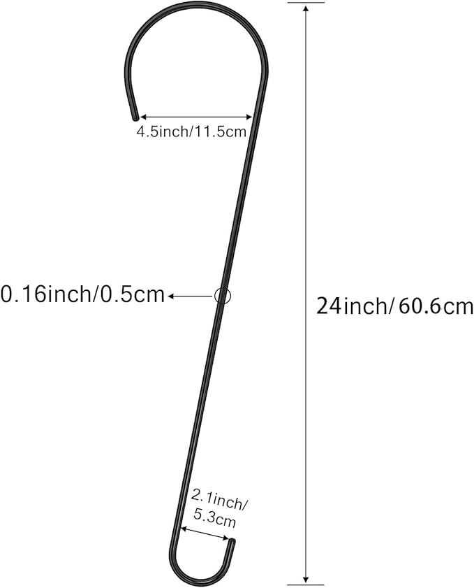 Measurement chart of a black metal hook with dimensions labeled.
