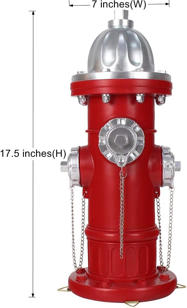 Red fire hydrant with silver accents and chain details, shown with measurements on a white background.
