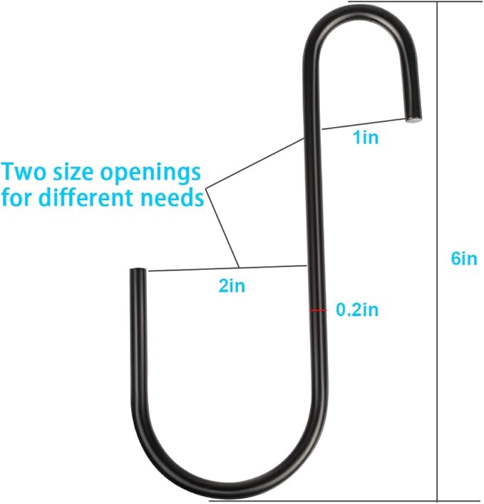 Black U-shaped metal hook with measurements on a white background
