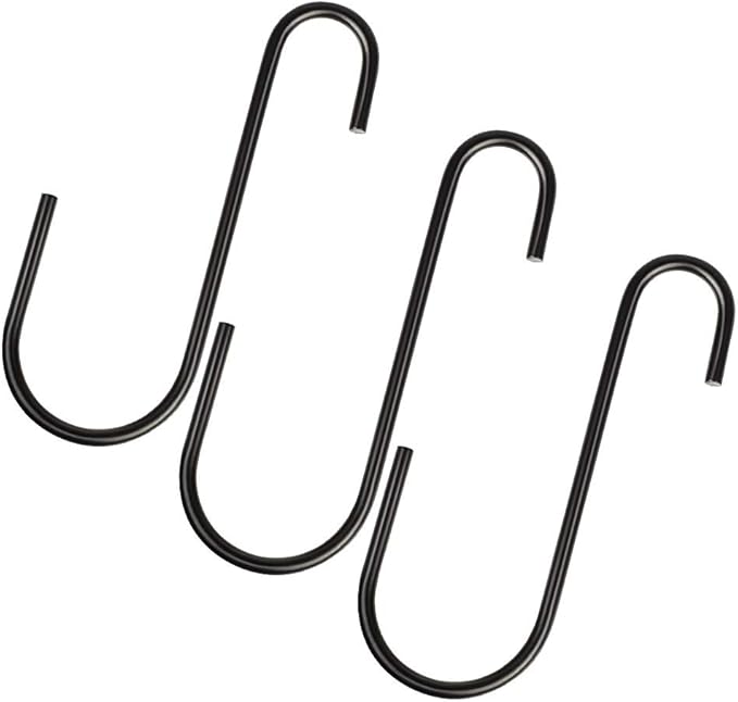 Three black metal S-shaped hooks on a white background