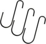 Three black metal S-shaped hooks on a white background