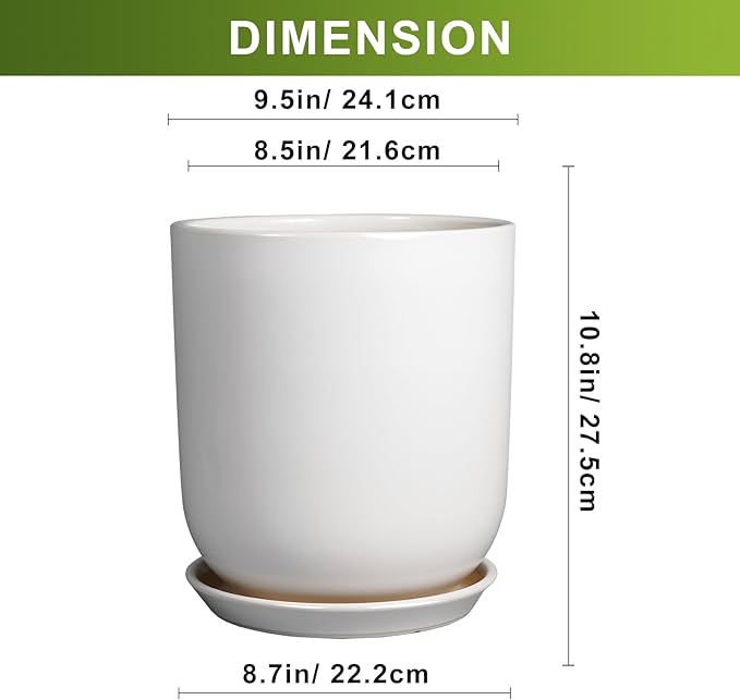 White ceramic planter with dimensions displayed
