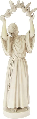 Statue of a draped figure holding a wreath above its head
