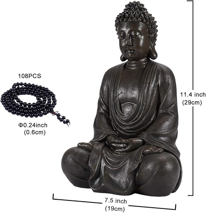Bronze Buddha statue with measurement details on a white background