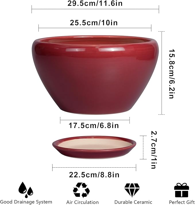 Red ceramic pot with dimensions and features listed on a white background