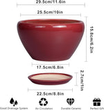 Red ceramic pot with dimensions and features listed on a white background