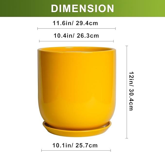 Yellow ceramic planter with dimensions displayed