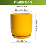 Yellow ceramic planter with dimensions displayed