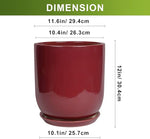 Red ceramic planter with dimensions labeled on a white background