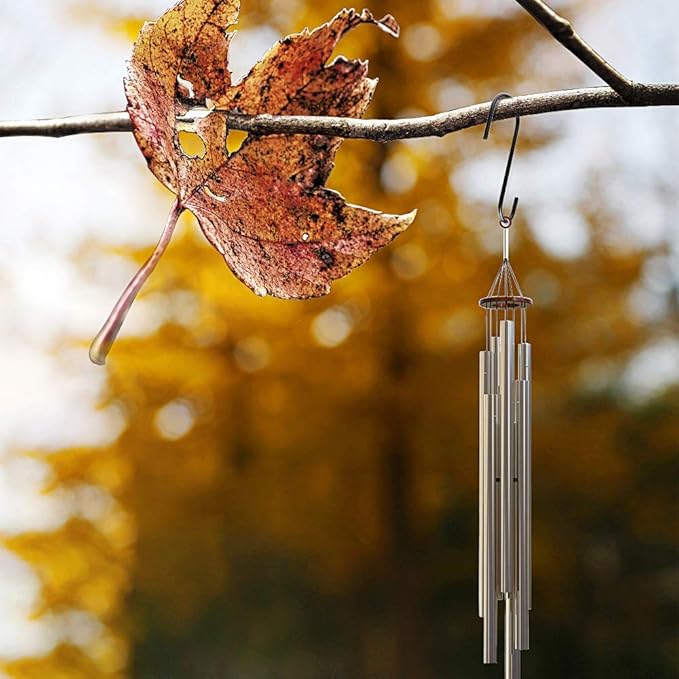 Wind chime hanging from a branch with autumn leaves