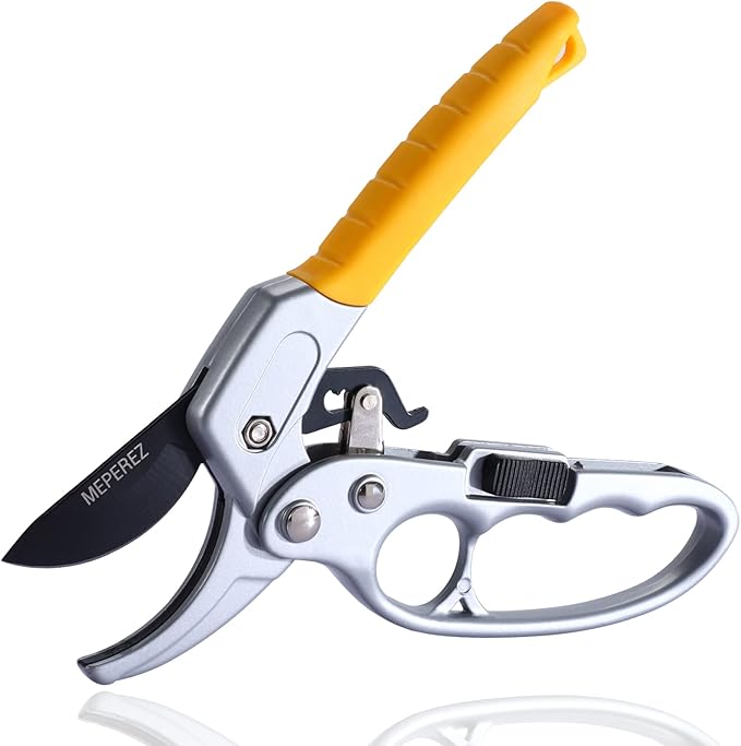 Gardening pruner with yellow handle on a white background