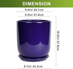 Blue ceramic planter with dimensions displayed