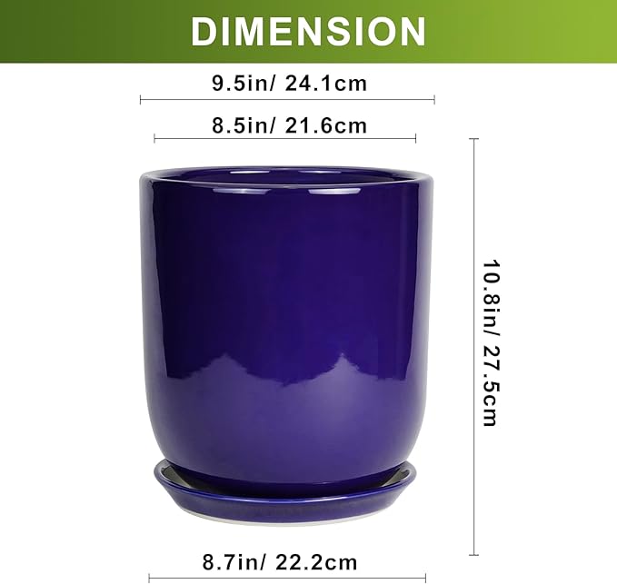 Blue ceramic planter with dimensions displayed