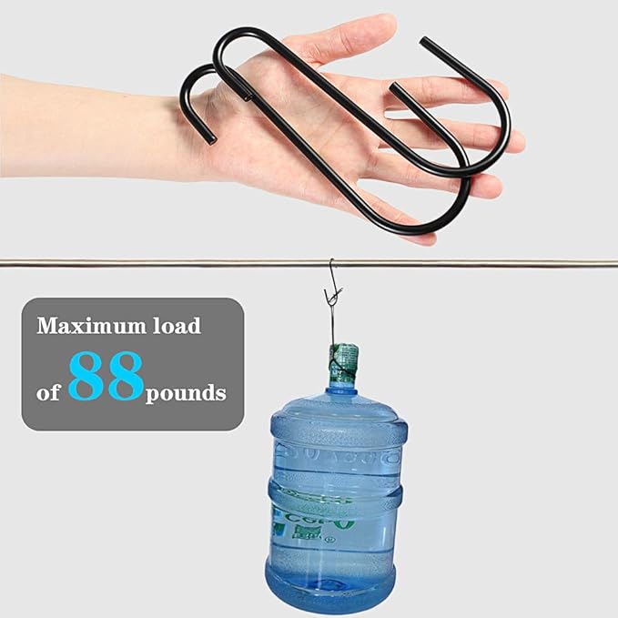 Black metal U-shaped hook with a hand holding it, and a water bottle hanging from it with a maximum load indicator.