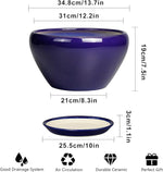 Blue ceramic pot with dimensions and features listed on a white background