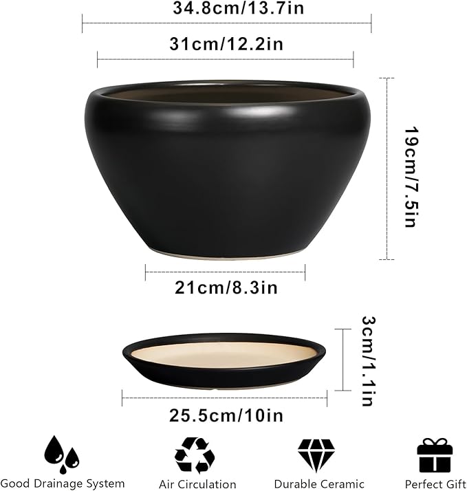 Black ceramic planter with dimensions and features listed on a white background