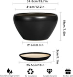 Black ceramic planter with dimensions and features listed on a white background