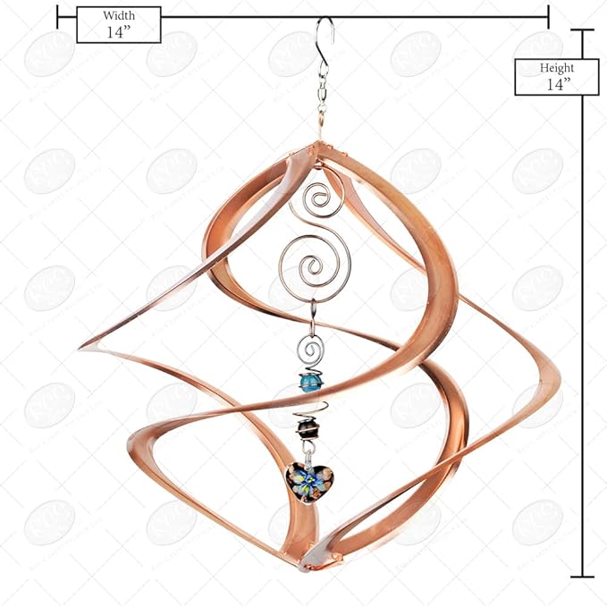 Copper wind spinner with measurements on a white background