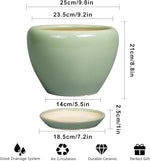 Green ceramic planter with dimensions and features on a white background