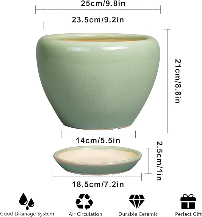 Green ceramic planter with dimensions and features on a white background