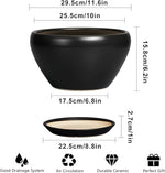 Black ceramic planter with dimensions and features on a white background