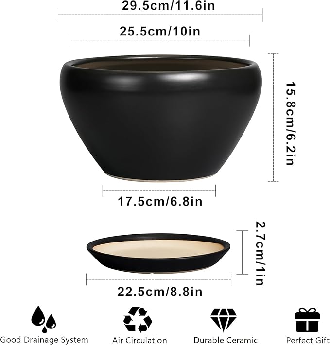 Black ceramic planter with dimensions and features on a white background