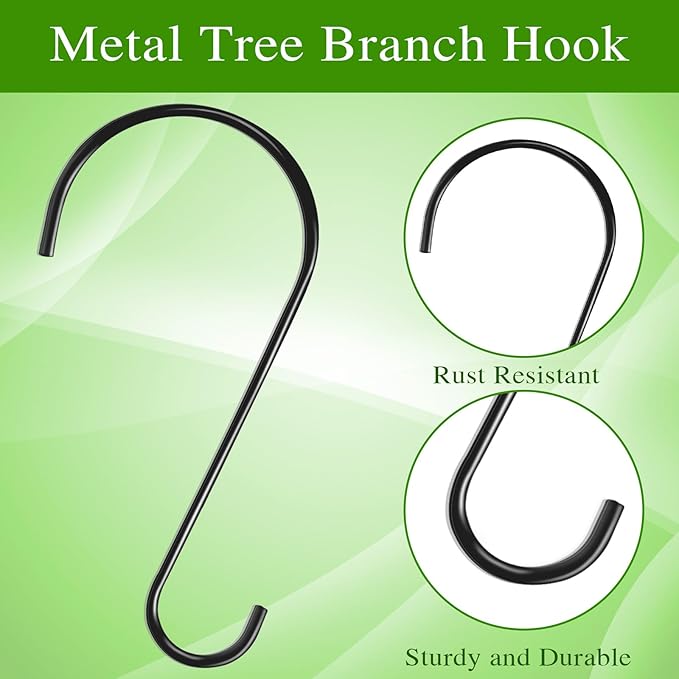 Metal tree branch hook with 'Rust Resistant' and 'Sturdy and Durable' text on a green background